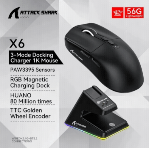 [ Taxa Inclusa ] Mouse Attack Shark X6 Sensor Pmw3395  3 Modos Com Fio, 2.4g, Bt5.2, At 26k Dpi, Rgb Backlight, Base De Carregamento
